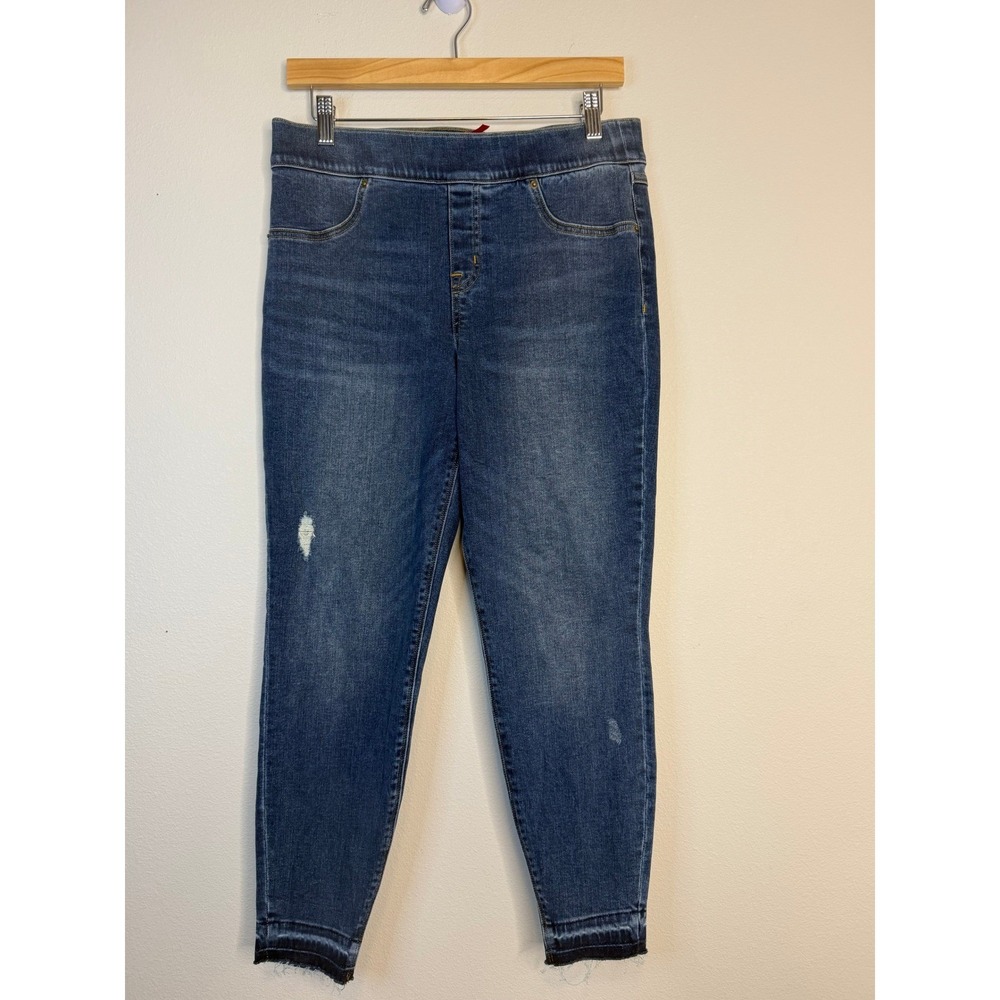 Spanx Ankle Jean-ish‎ Leggings Distressed Raw Hem Indigo Blue Large Petite L/G